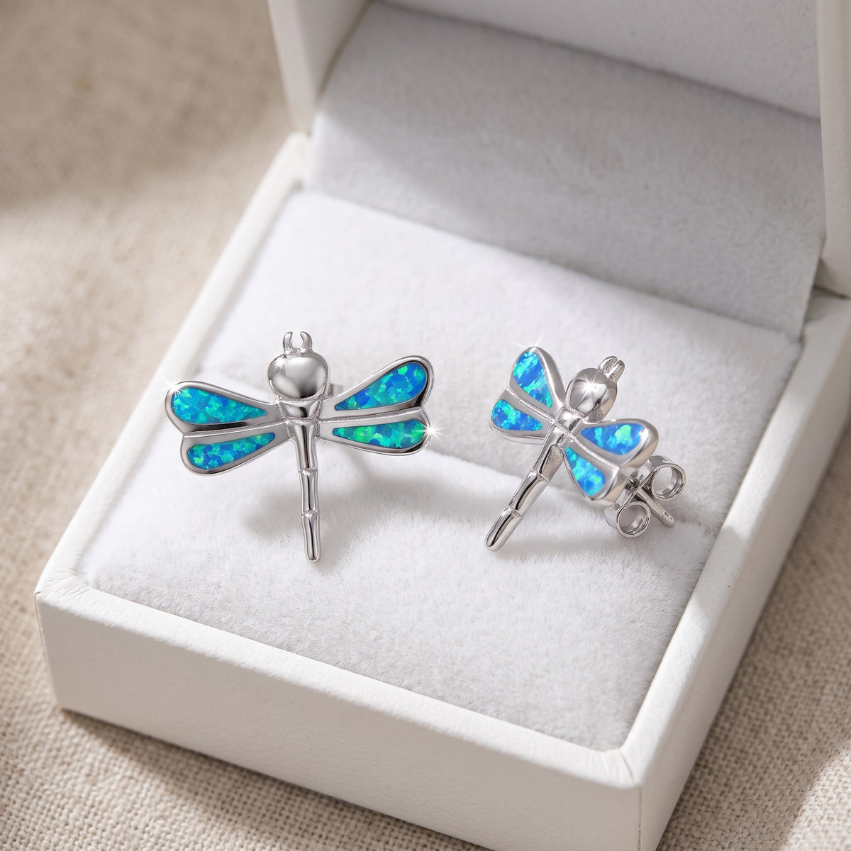 Sterling Silver Girls Blue Created Opal Dragonfly Stud Earrings - 16mm in a white gift box, ready to give