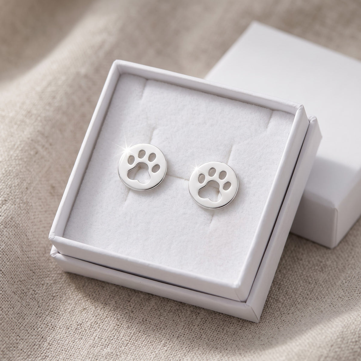 Sterling Silver Girls Dainty Cat Paw Stud Earrings, 9mm in a white gift box, ready to give