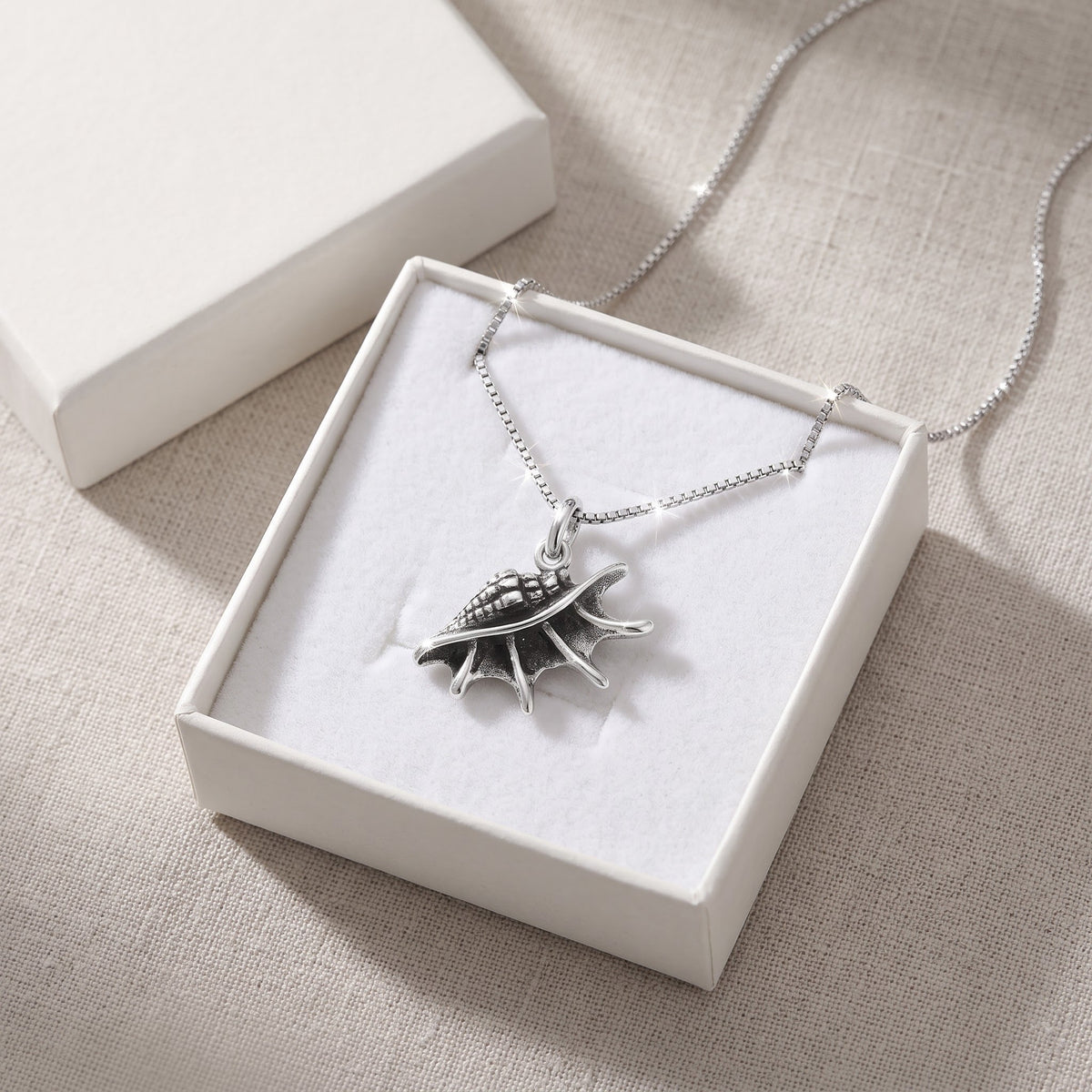 Sterling Silver Conch Shell Necklace, 18" in a white gift box, ready to give