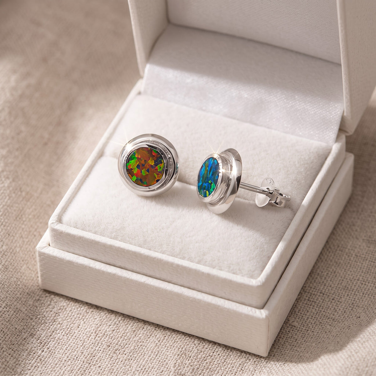 Sterling Silver Girls Created Black Opal Stud Earrings, 9mm in a white gift box, ready to give