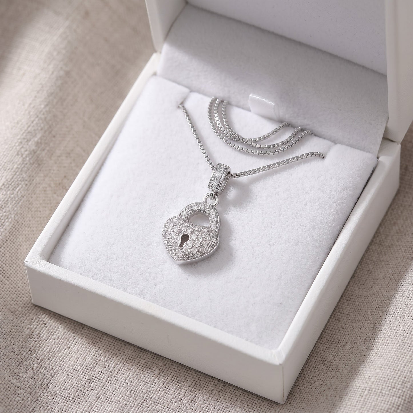 Sterling Silver CZ Heart Lock Necklace, 18" in a white gift box, ready to give