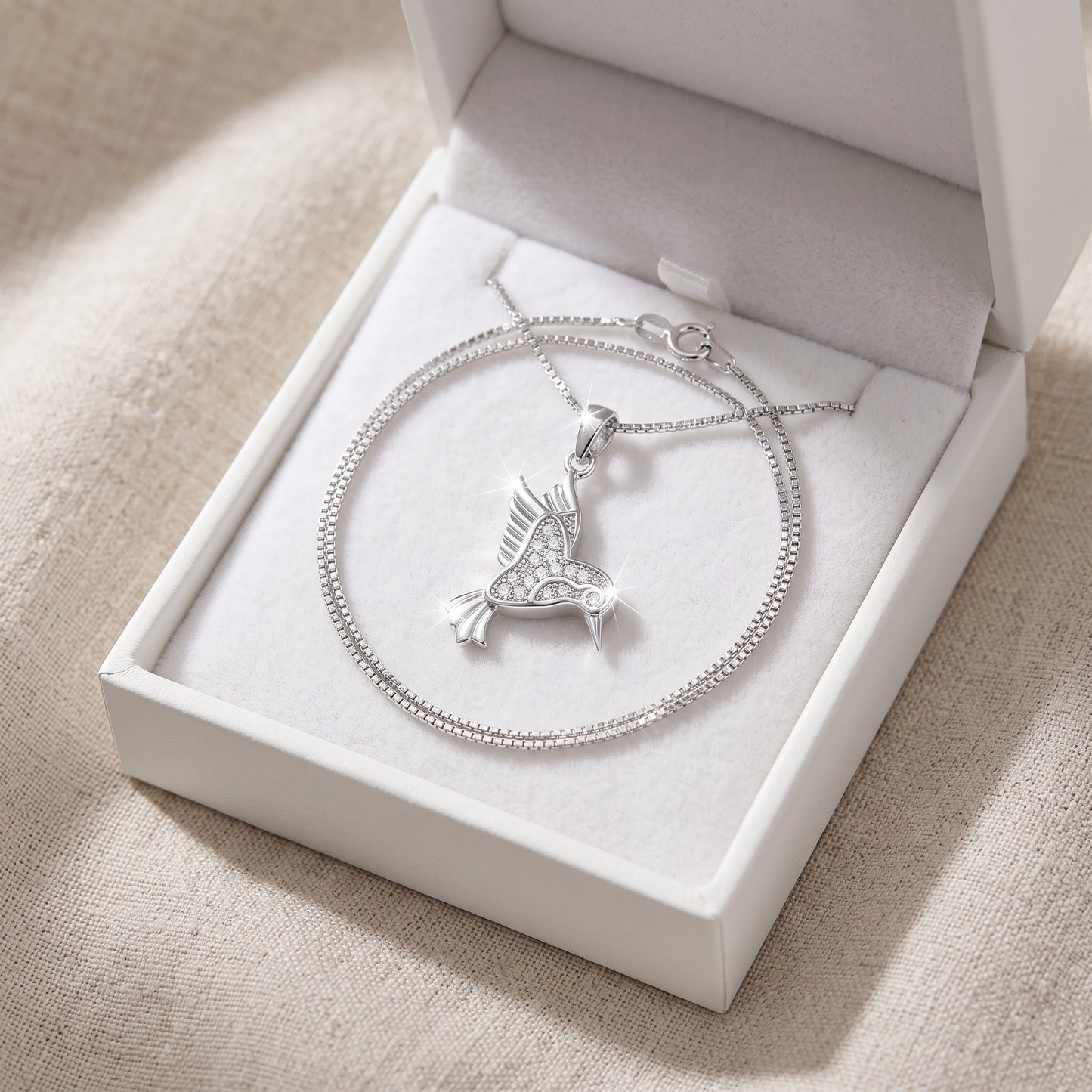 Sterling Silver CZ Hummingbird Necklace, 18" in a white gift box, ready to give
