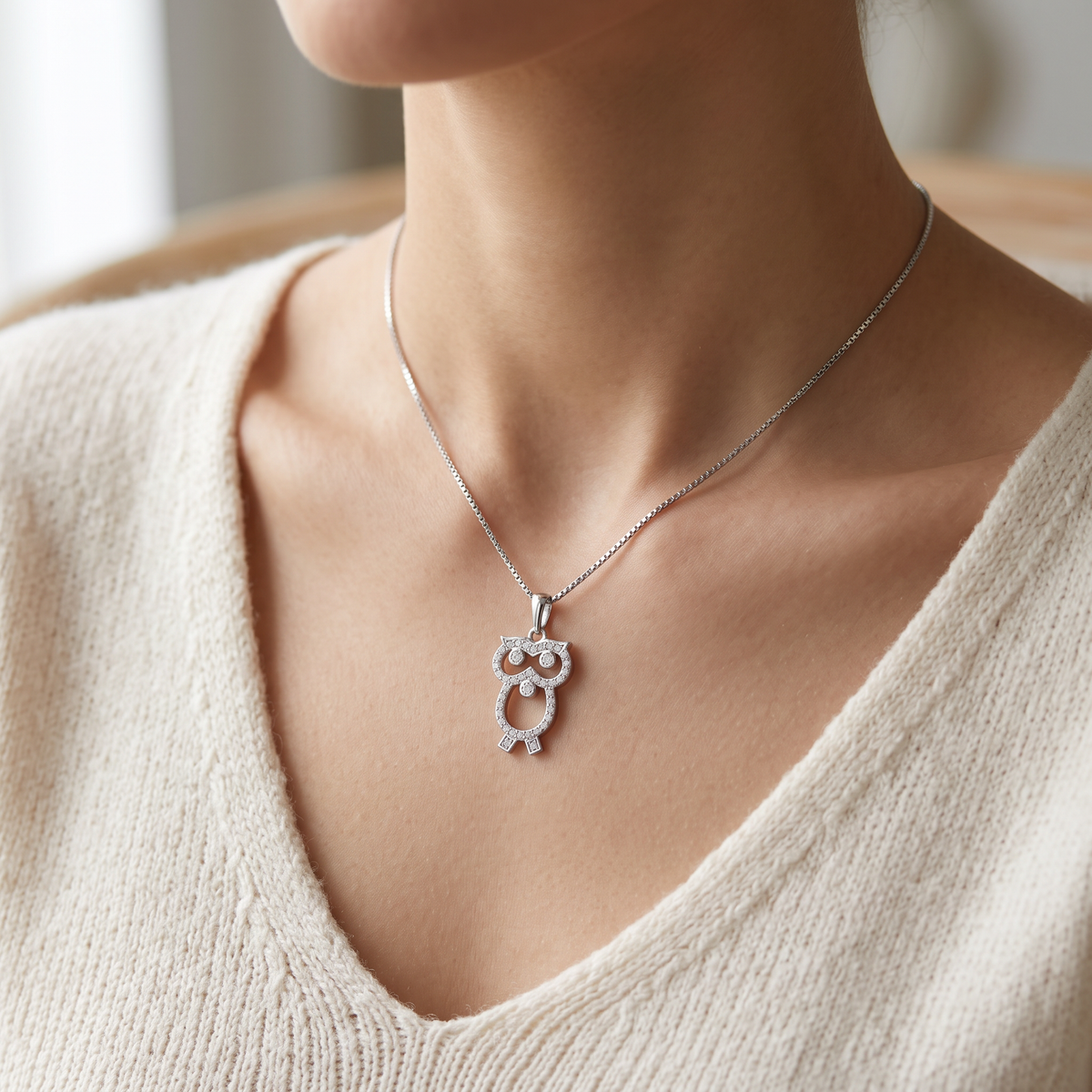 Sterling Silver CZ Owl Necklace worn, lifestyle photo