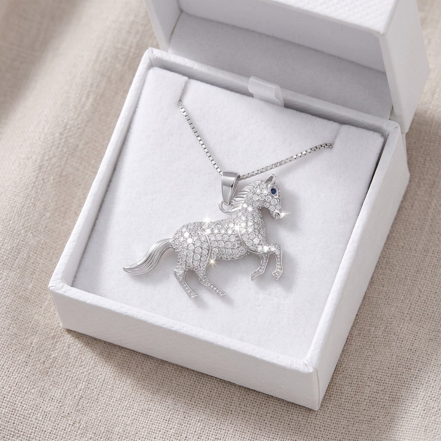 Sterling Silver CZ Running Stallion Horse Necklace, 18" in a white gift box, ready to give