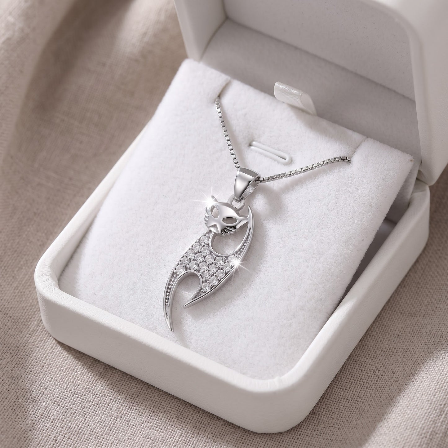 Sterling Silver CZ Siamese Cat Necklace in a white gift box, ready to give