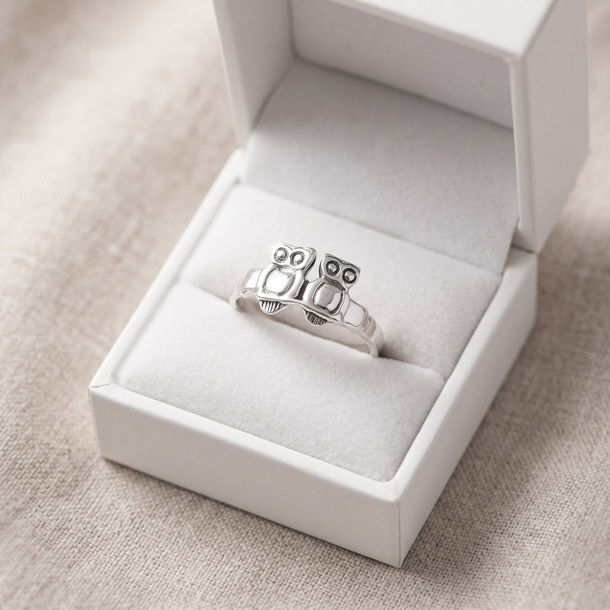 Sterling Silver Double Owl Ring in a white gift box, ready to give
