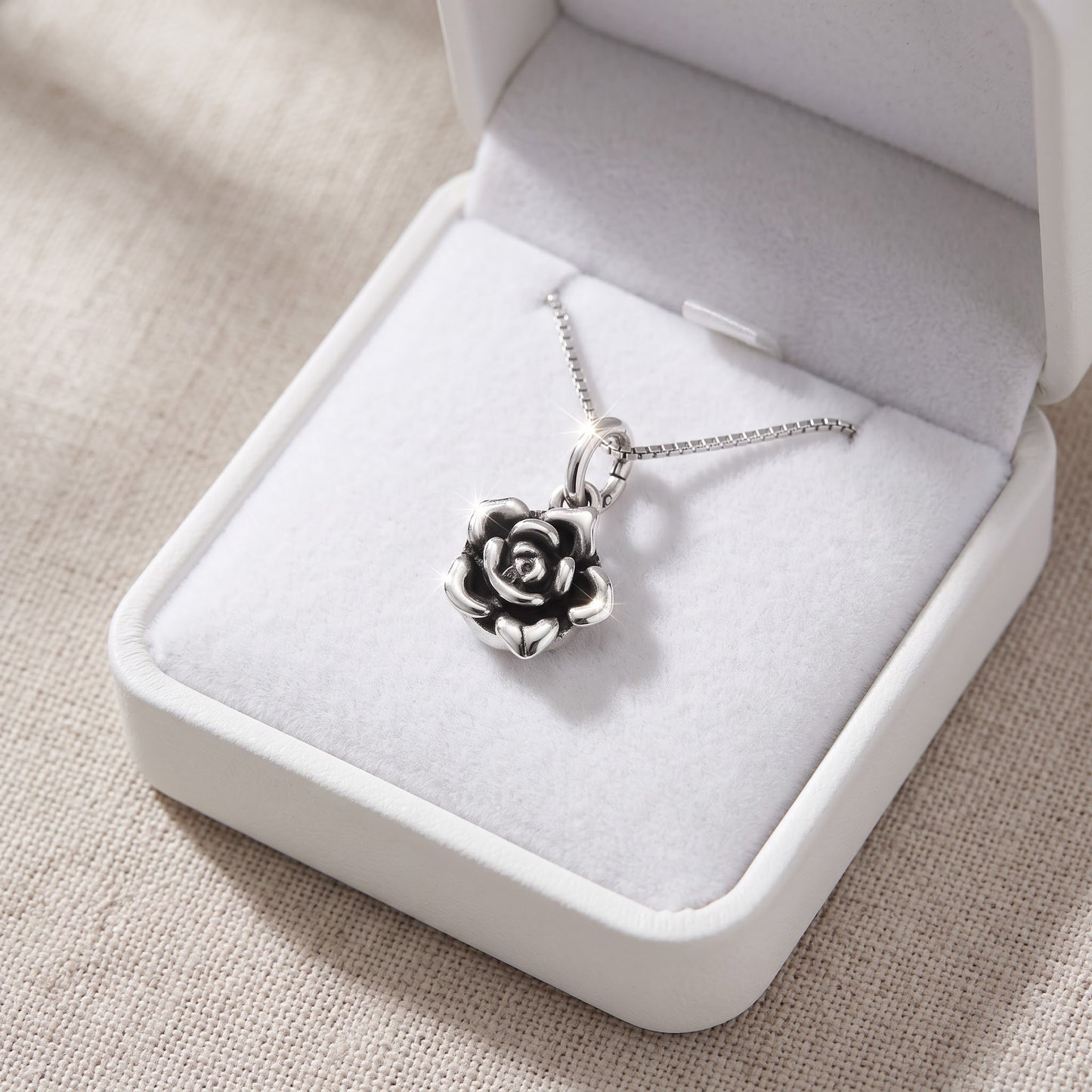 Sterling Silver Double Sided Rose Flower Necklace, 18" in a white gift box, ready to give