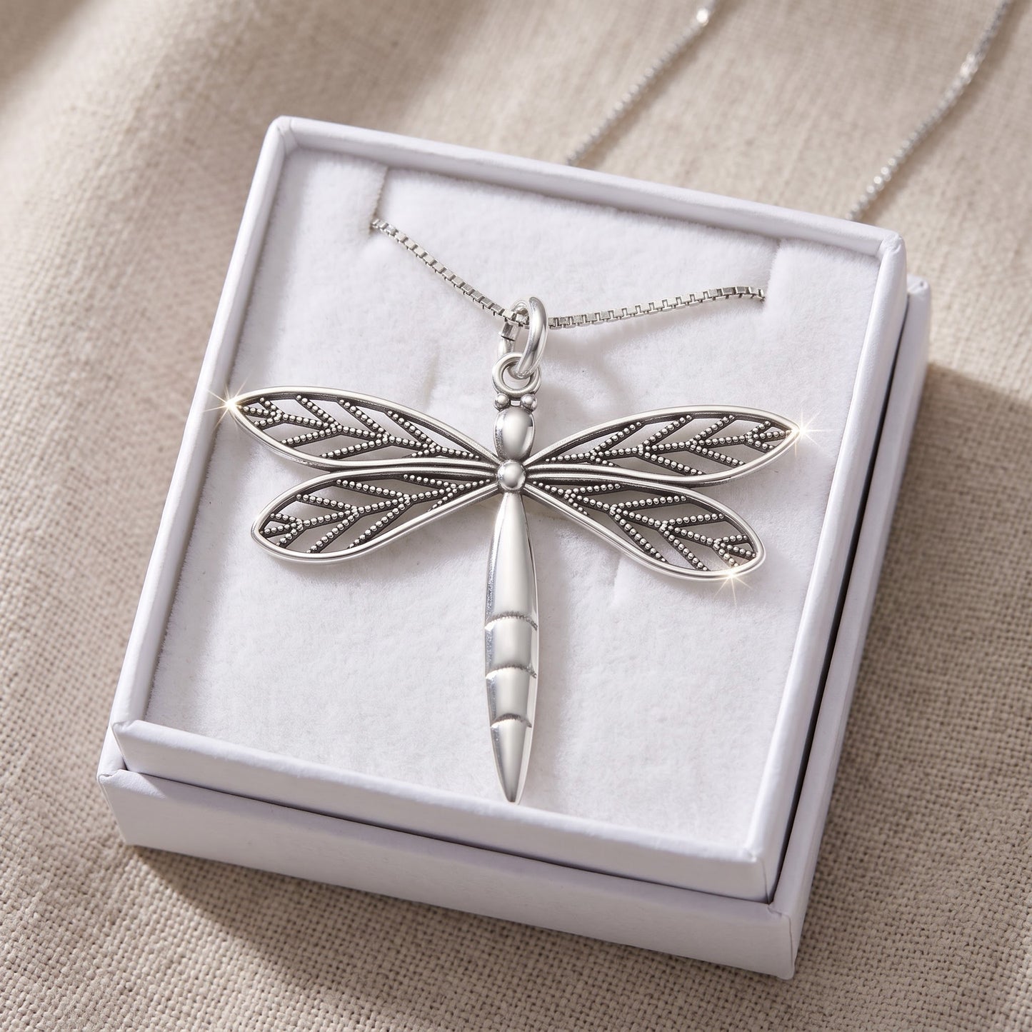 Sterling Silver Filigree Dragonfly Necklace, 18" in a white gift box, ready to give