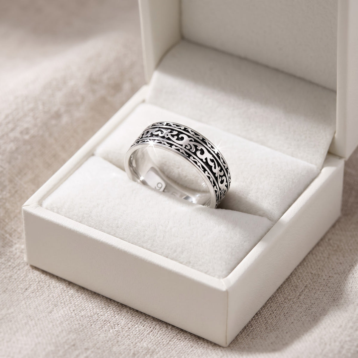 Sterling Silver Filigree Vine Eternity Ring in a white gift box, ready to give