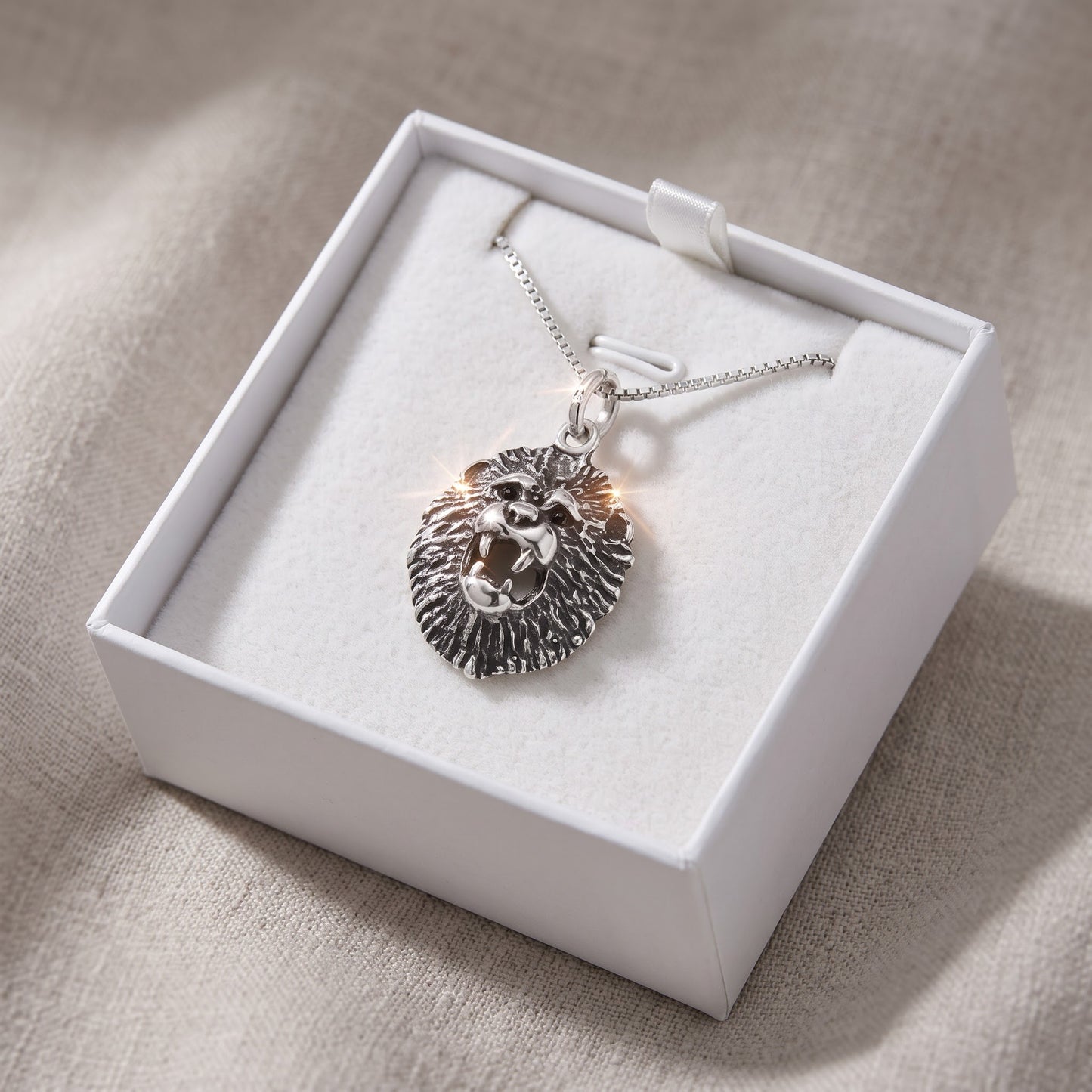 Sterling Silver Lion's Head Necklace, 18" in a white gift box, ready to give