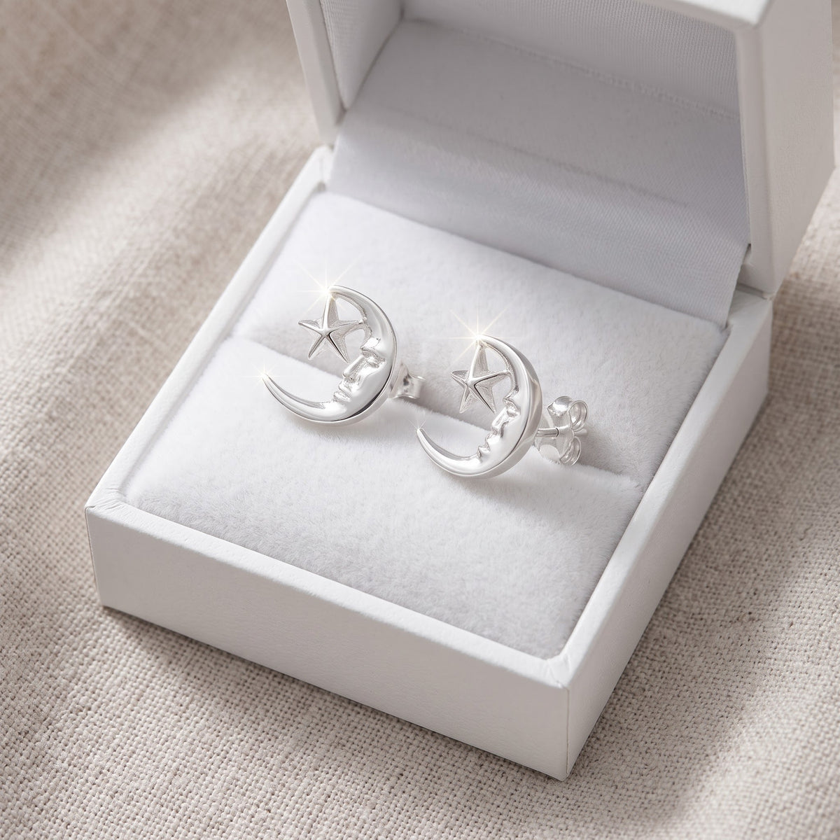 Sterling Silver Moon & Star Stud Earrings, 13mm in a white gift box, ready to give
