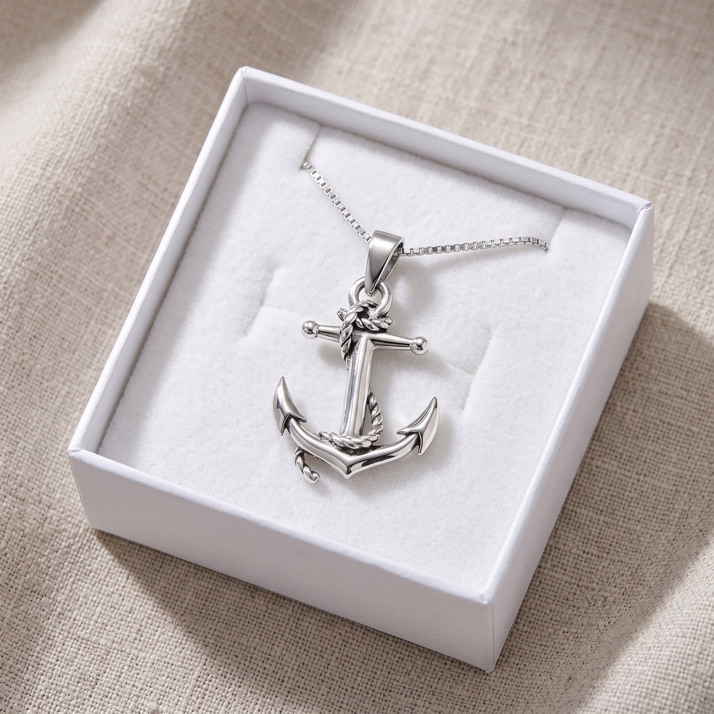 Sterling Silver Nautical Anchor Necklace in a white gift box, ready to give