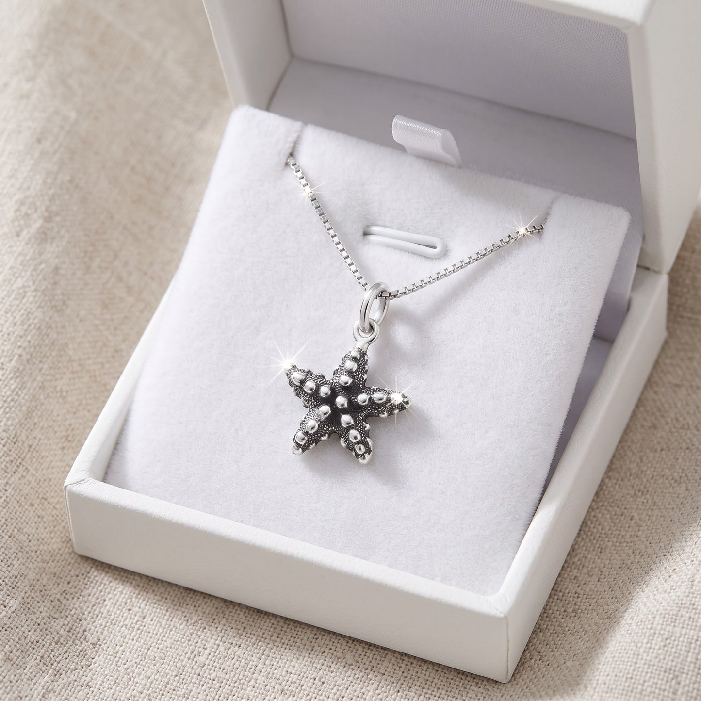 Sterling Silver Nautical Starfish Necklace, 18" in a white gift box, ready to give