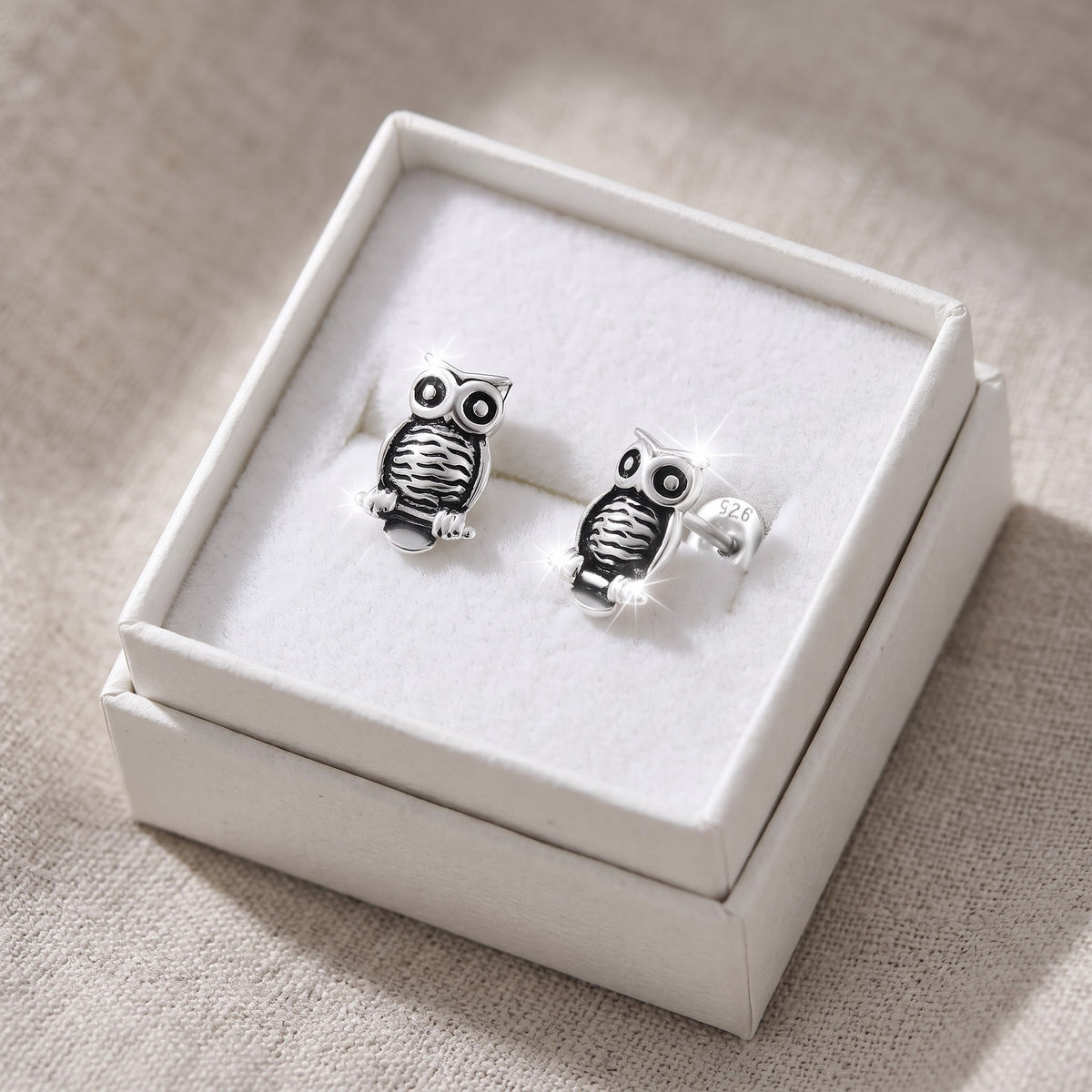Sterling Silver Owl Stud Earrings, 8mm in a white gift box, ready to give