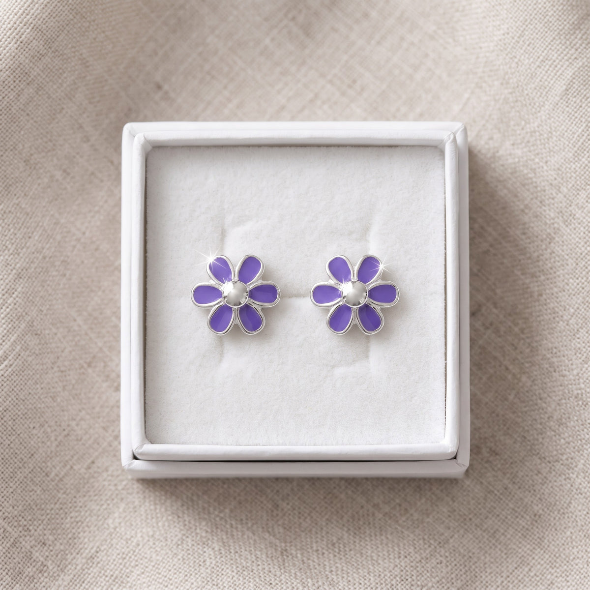 Sterling Silver Girls Dainty Purple Daisy Flower Stud Earrings, 8mm in a white gift box, ready to give