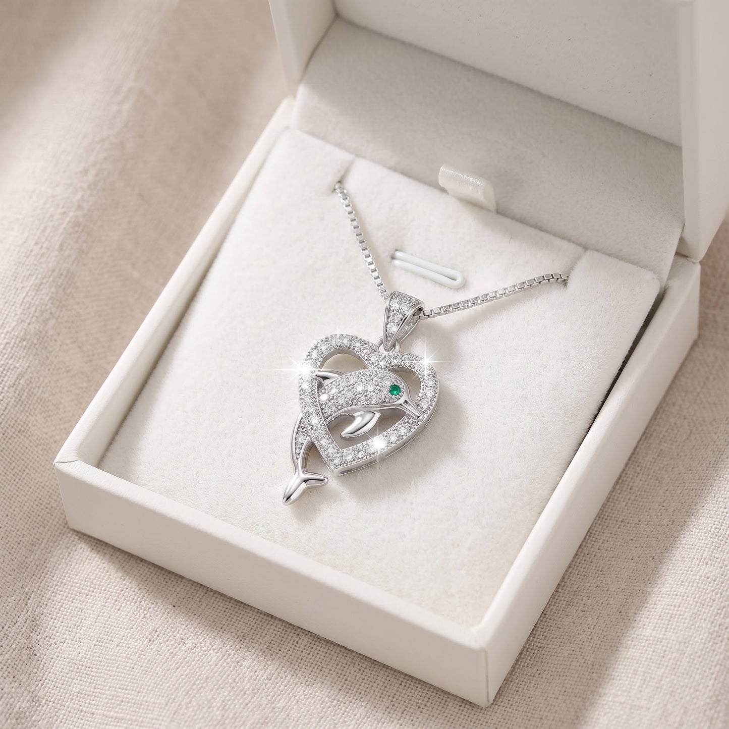 Sterling Silver Simulated Diamond Dolphin Heart Necklace, 18" in a white gift box, ready to give