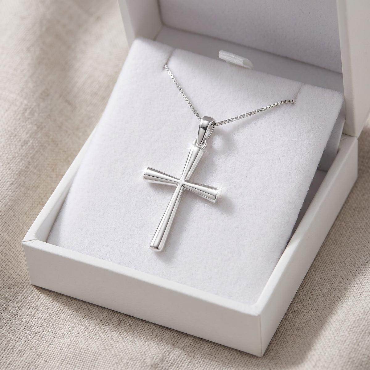 Sterling Silver Small Traditional Cross Necklace, 18 Inch Chain in a white gift box, ready to give
