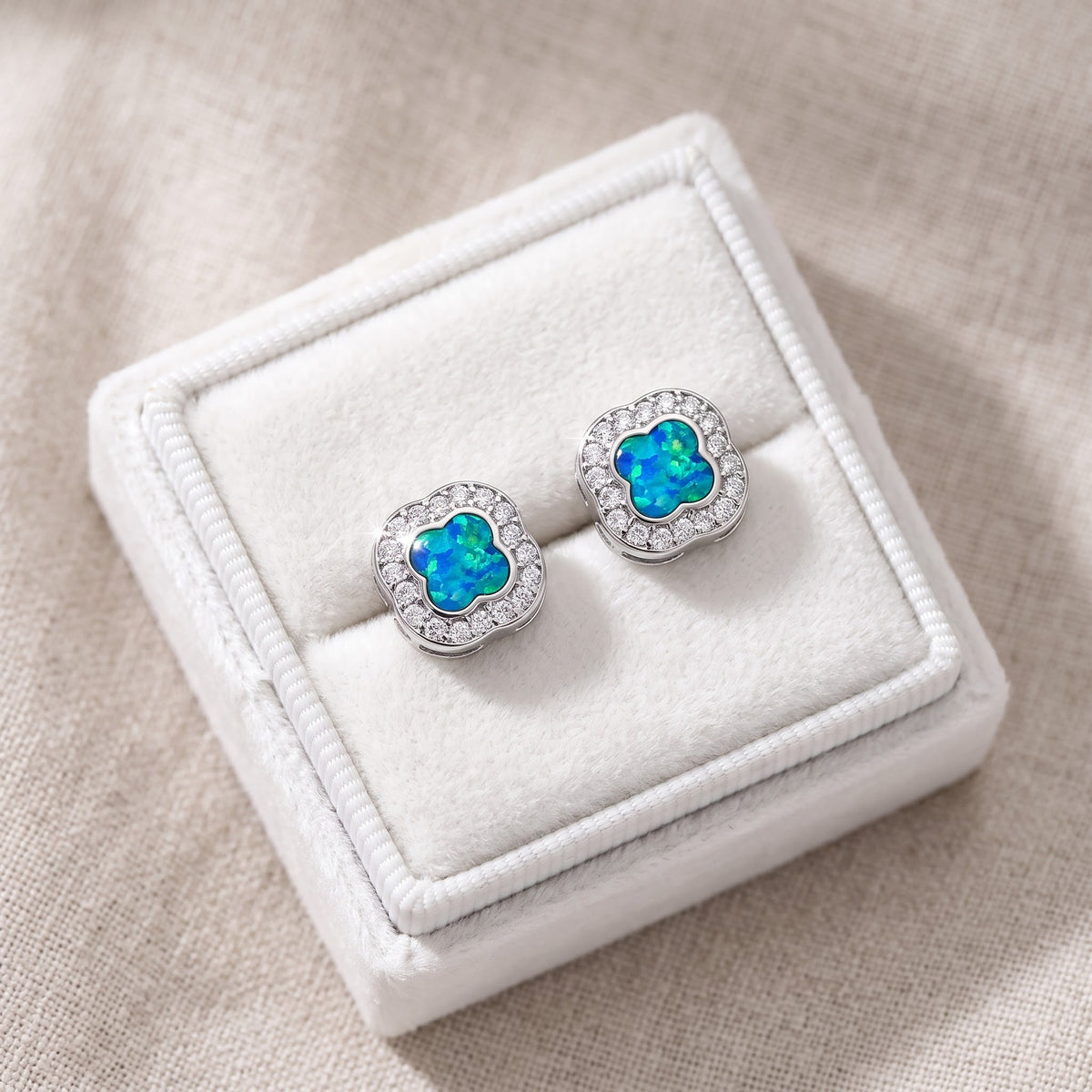 Sterling Silver Girls Created Blue Opal Stud Earrings, 8mm in a white gift box, ready to give