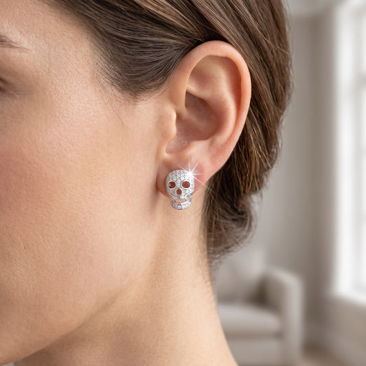 White Gold Over Sterling Silver Women's CZ Sugar Skull Stud Earrings 11mm worn, lifestyle photo