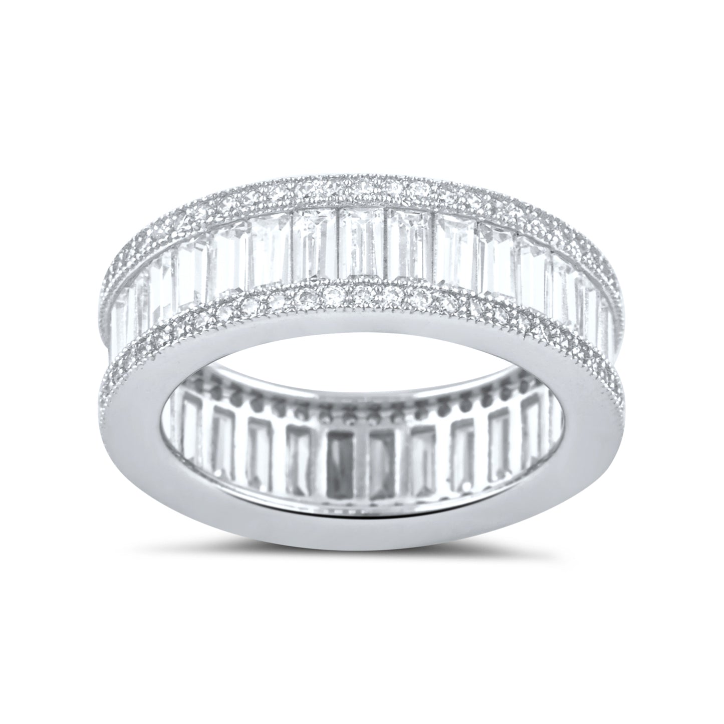 White Gold Over Sterling Silver Womens Wide Simulated Diamond Baguette Eternity Ring