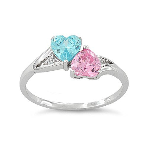 Sterling Silver Blue & Pink Cz Double Heart Ring - SilverCloseOut - 2