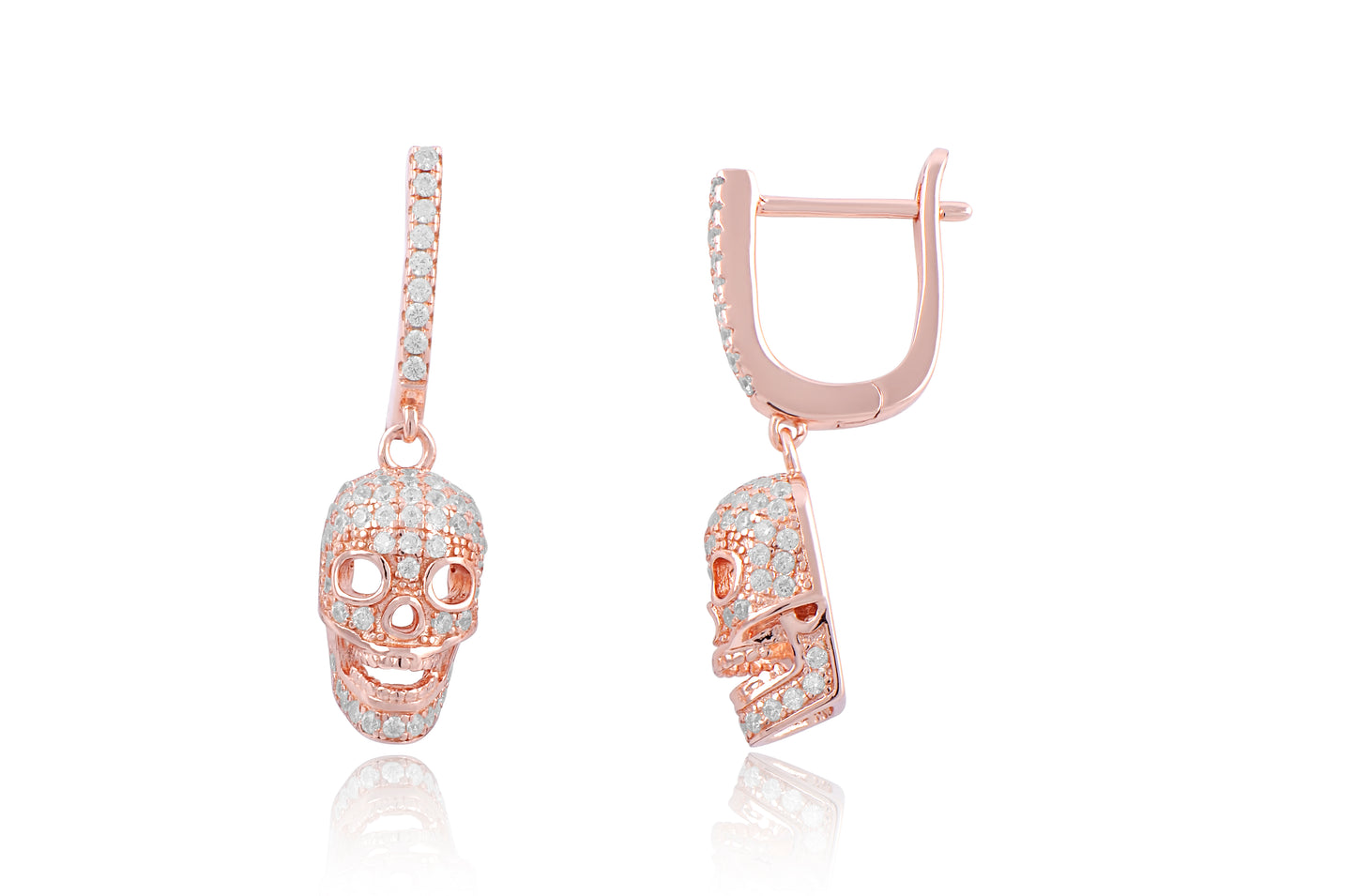 Rose Gold Over Silver Cz Womens French Clip Dangle Sugar Skull Earrings - 23mm