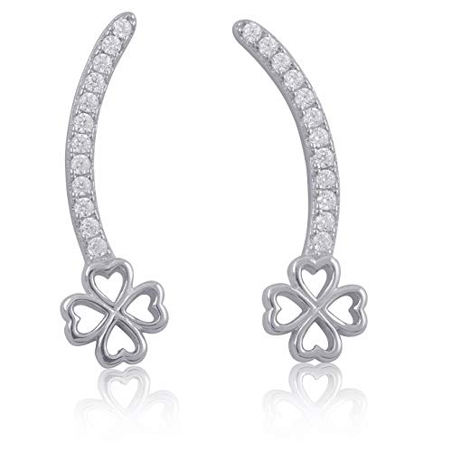 Sterling Silver Cz Lucky Clover Ear Crawler Stud Earrings