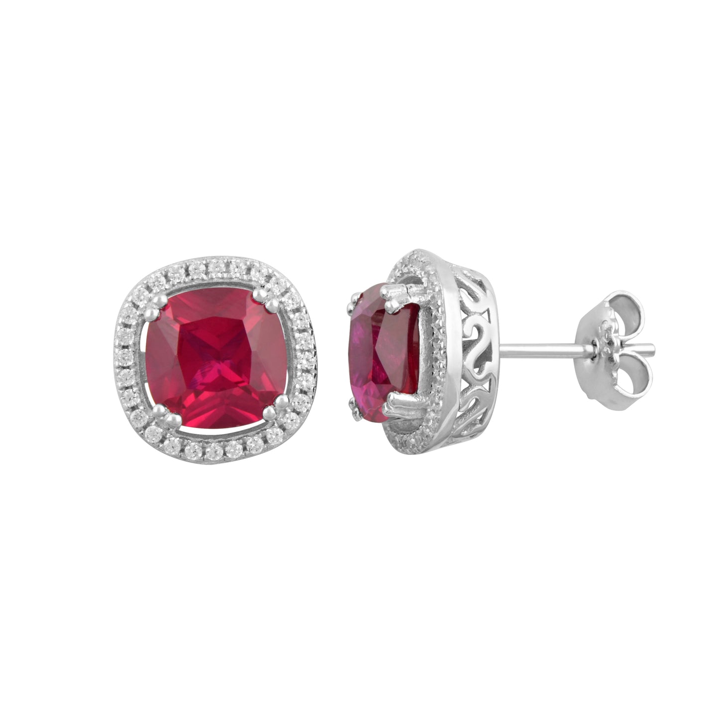 White Gold Over Sterling Silver Cushion Cut Simulated Ruby Cz Halo stud earrings