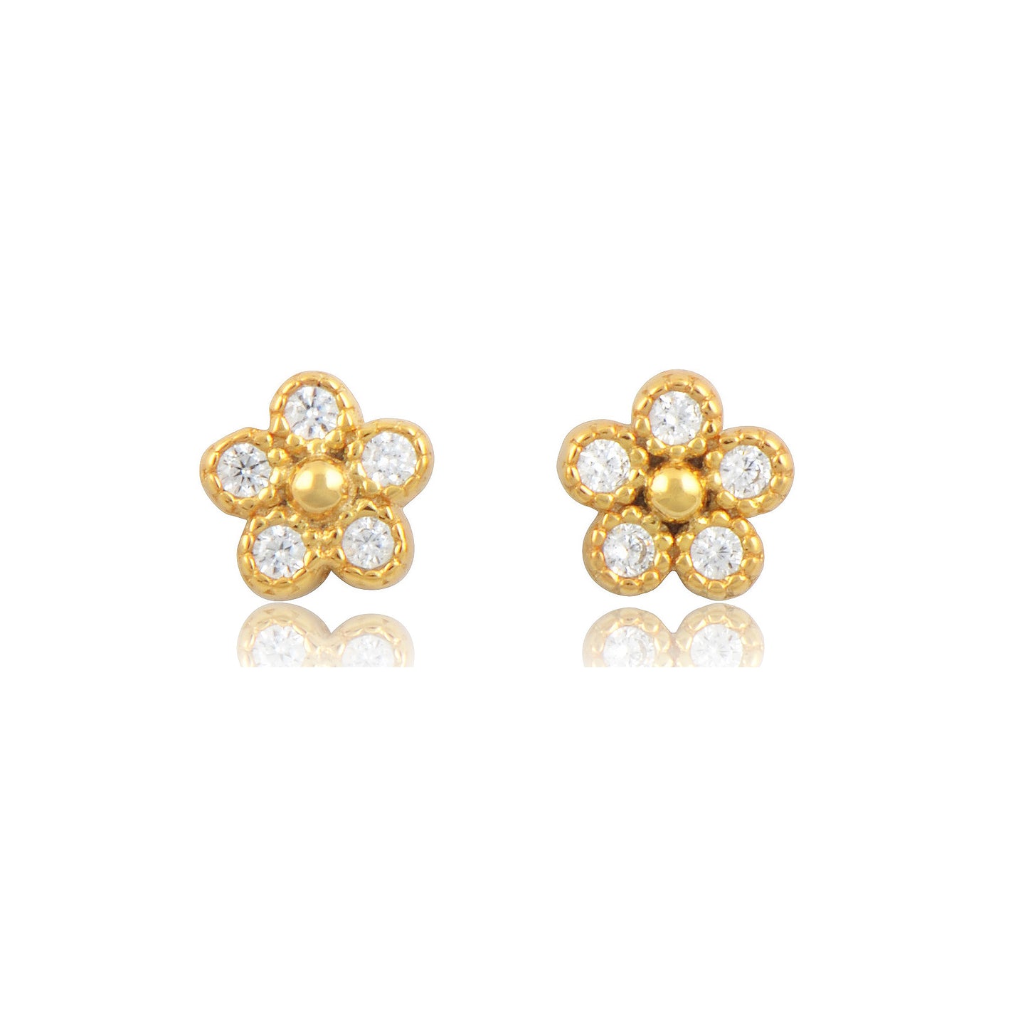 Yellow Gold Plated Sterling Silver Cz Tiny Flower Stud Earrings