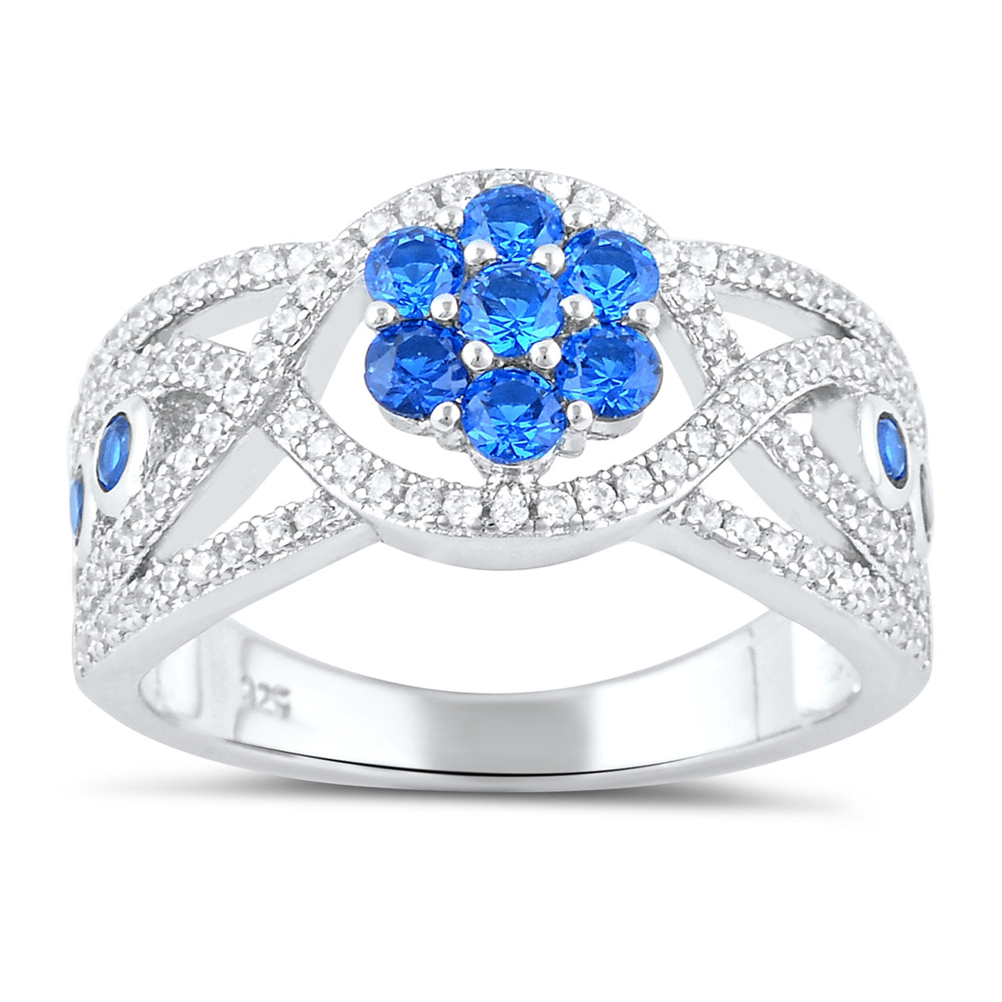 Sterling Silver Simulated Blue Sapphire Flower Ring - SilverCloseOut - 2