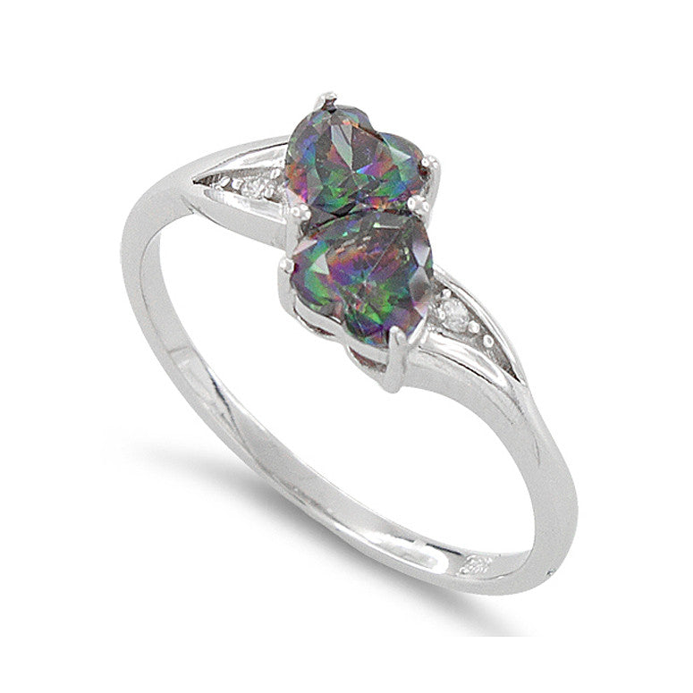 Sterling Silver Simulated Rainbow Topaz Double Heart Ring - SilverCloseOut - 1