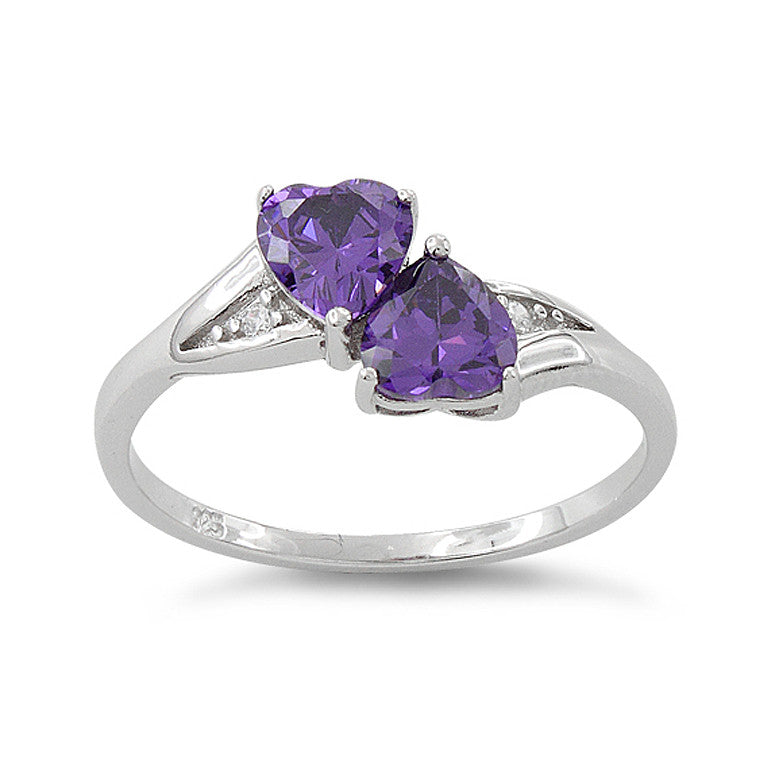 Sterling Silver Simulated Amethyst Double Heart Ring - SilverCloseOut - 2