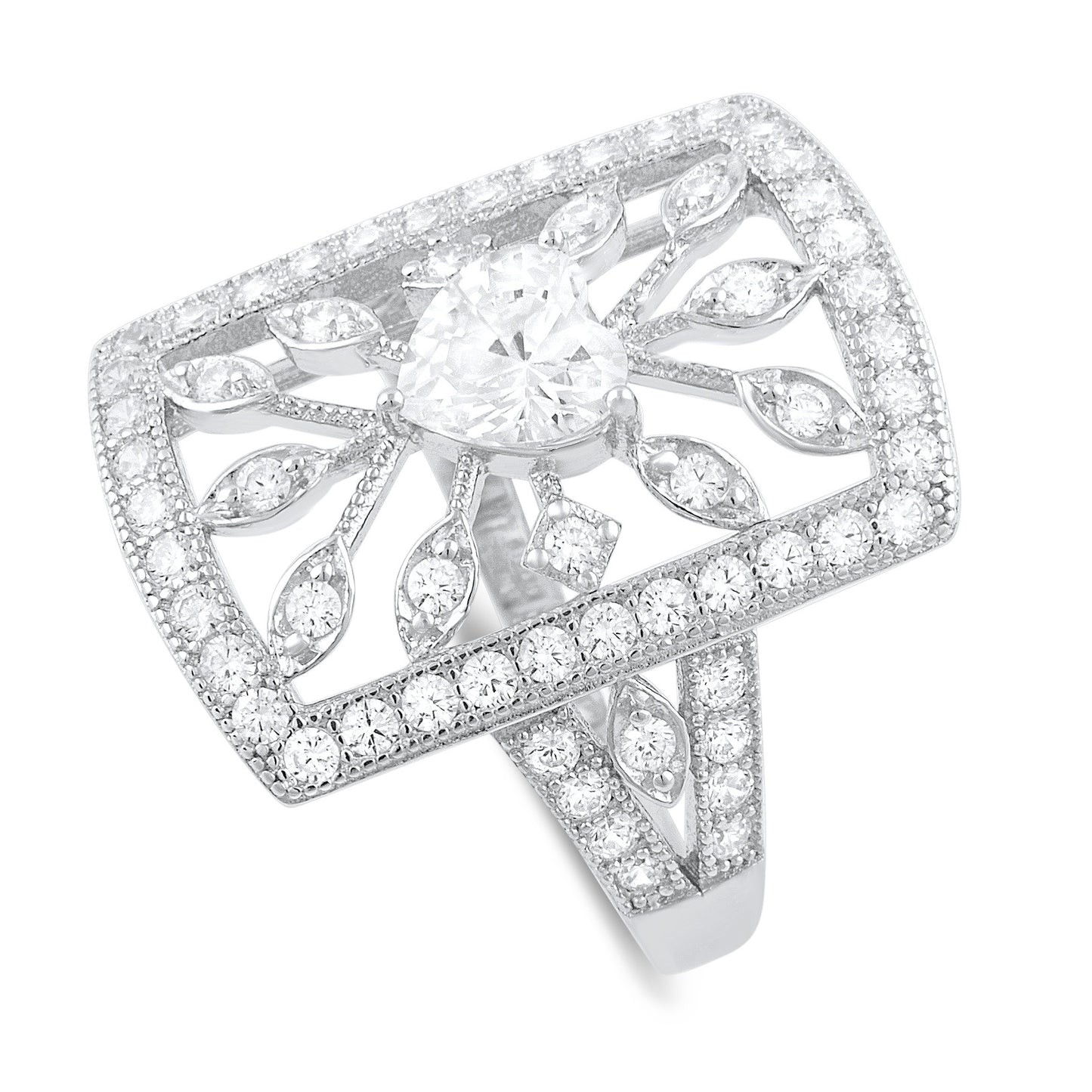 Sterling Silver Heart Cz Big Square Statement Ring - SilverCloseOut - 2