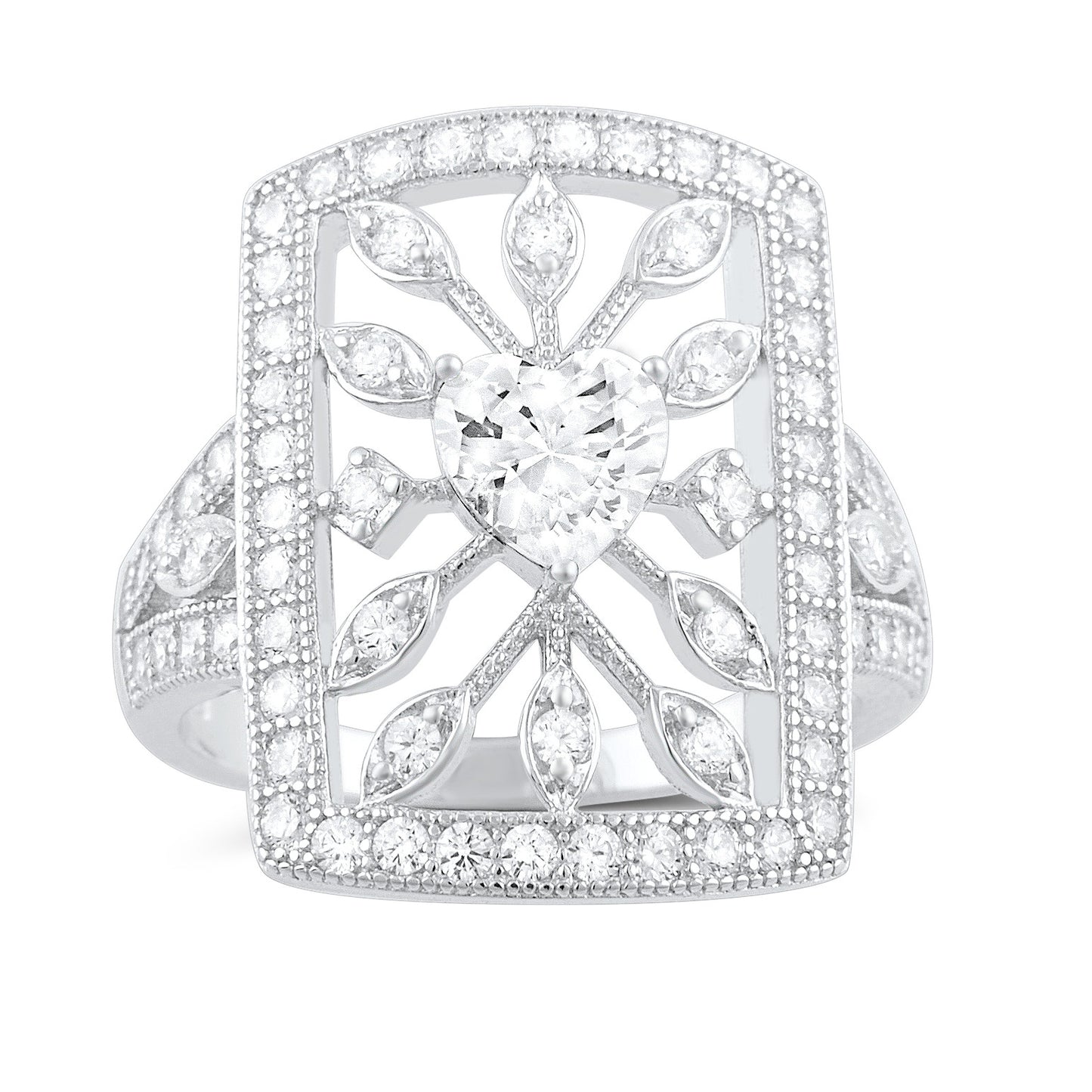 Sterling Silver Heart Cz Big Square Statement Ring - SilverCloseOut - 1
