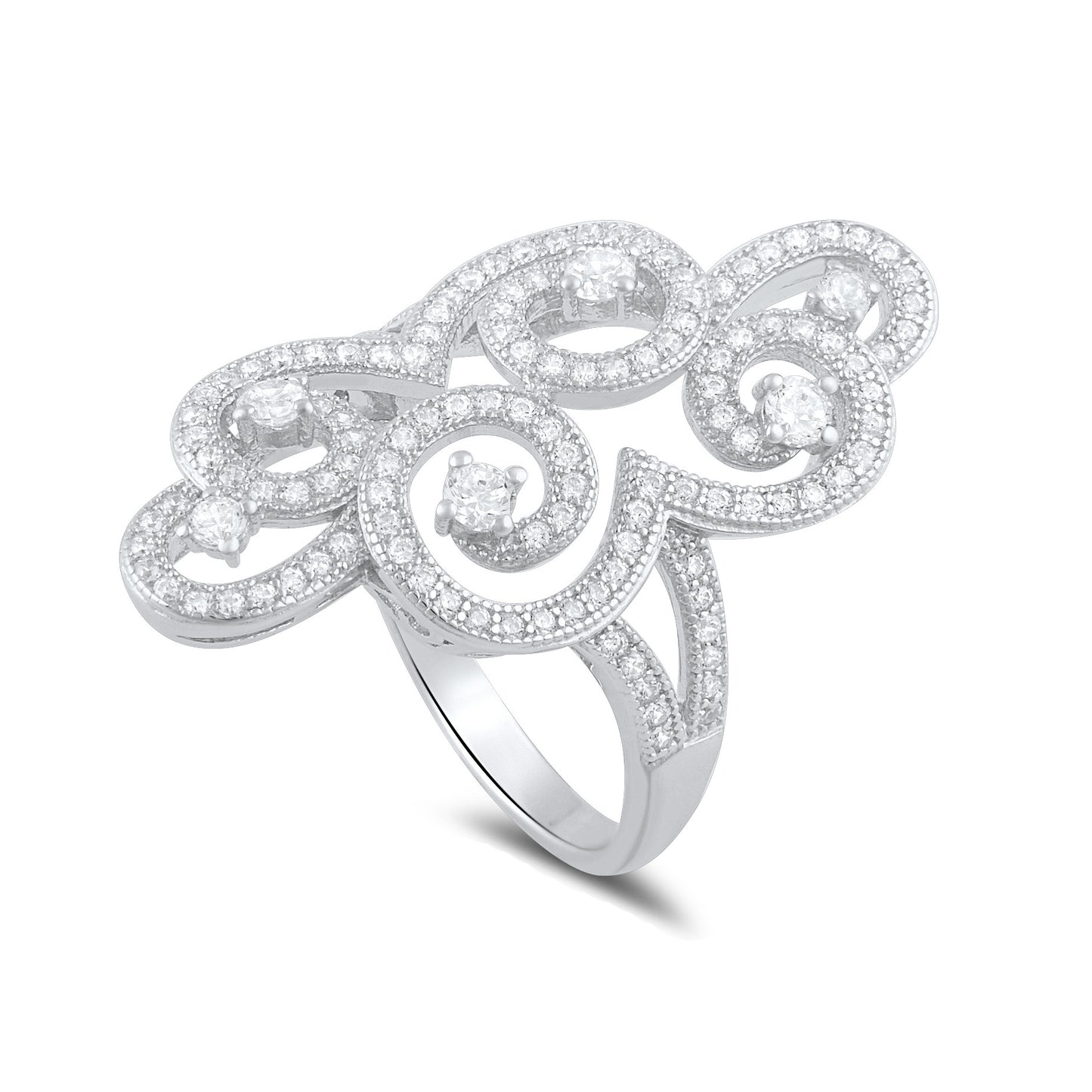 Sterling Silver Cz Filigree Swirl Statement Ring - SilverCloseOut - 2