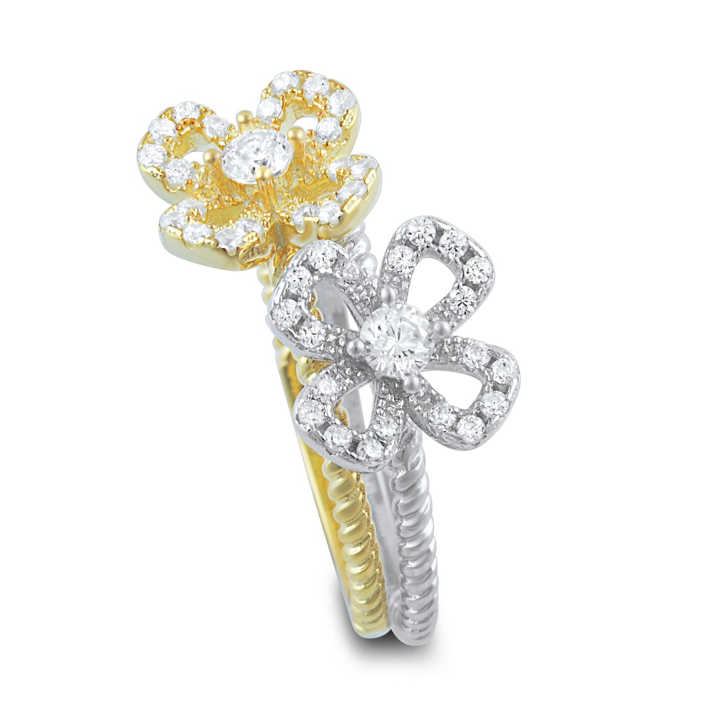 Two Tone Sterling Silver Cz Stackable Flower Ring - SilverCloseOut - 3