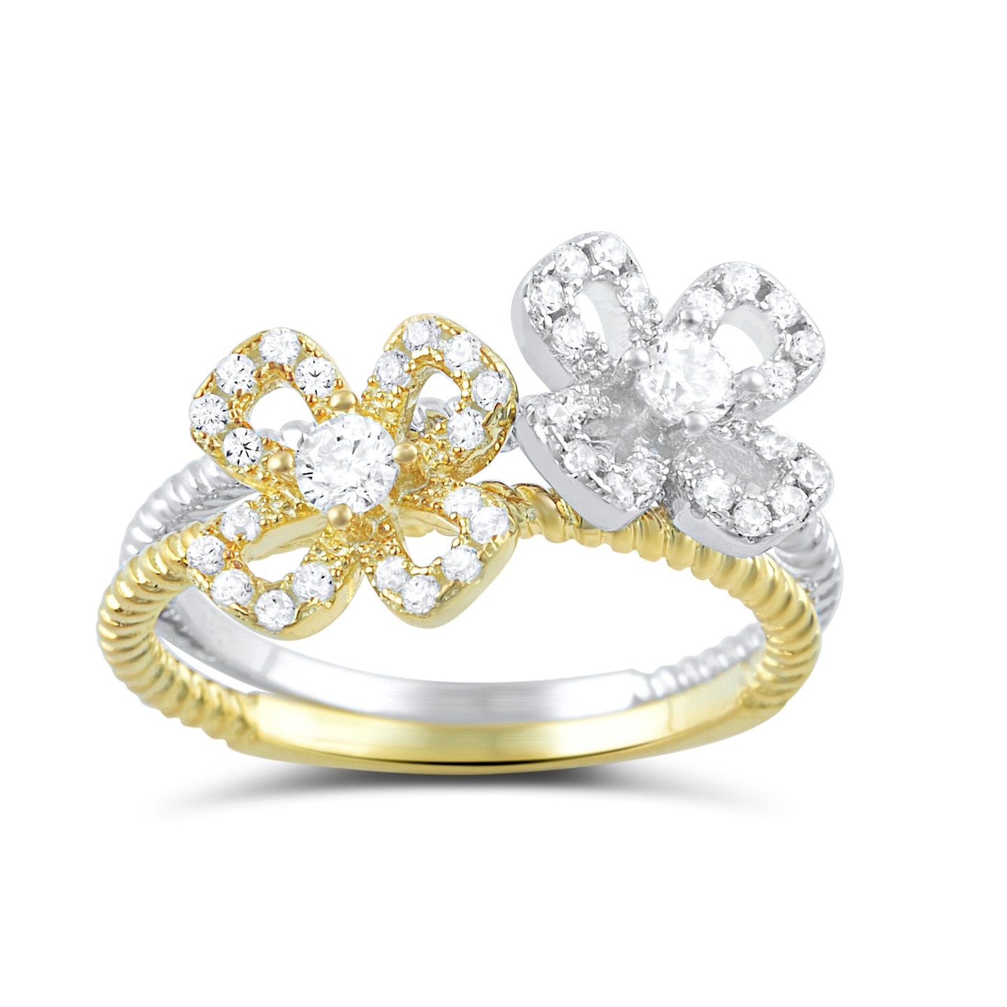 Two Tone Sterling Silver Cz Stackable Flower Ring - SilverCloseOut - 1