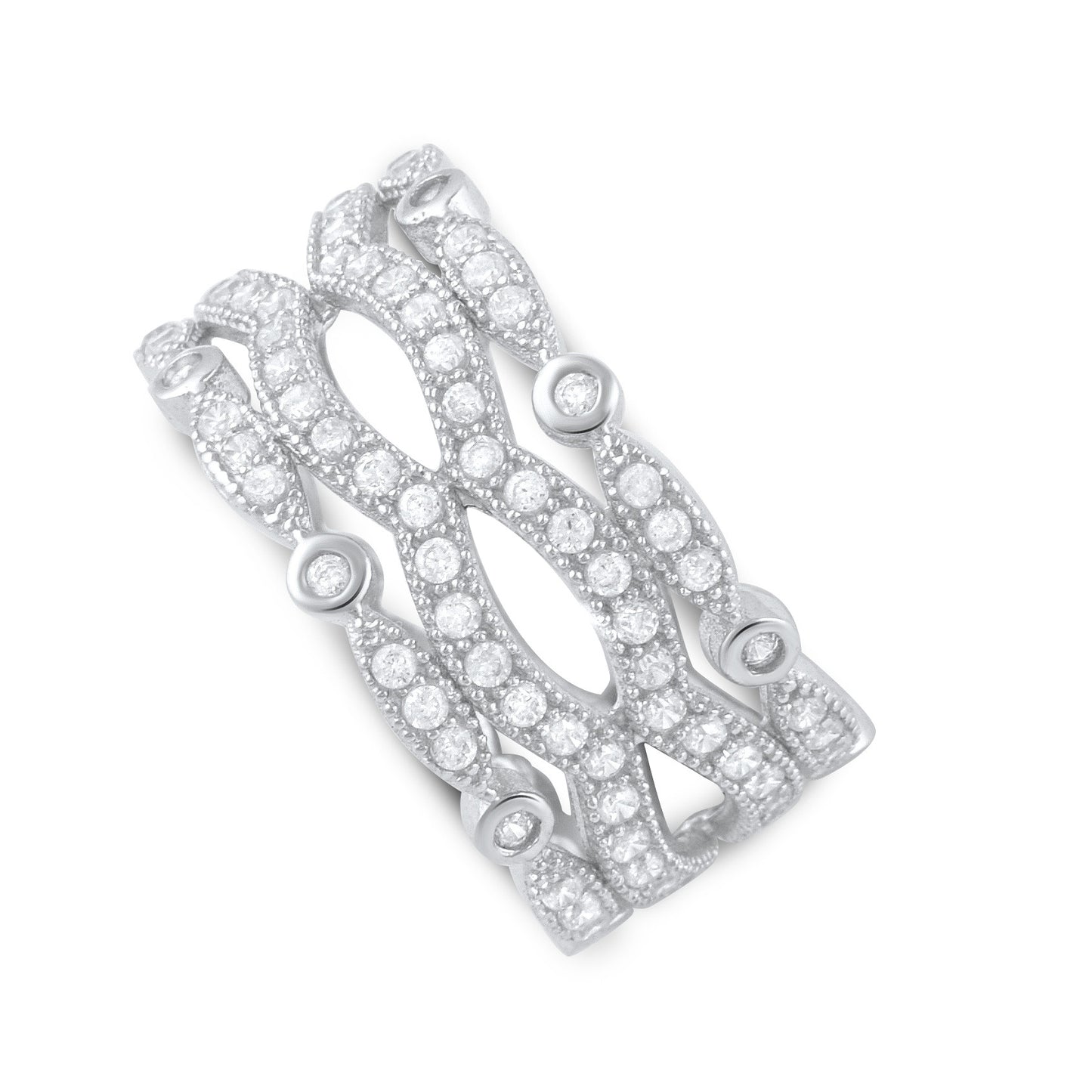 Sterling Silver Cz Wide Stacked Statement Ring - SilverCloseOut - 2