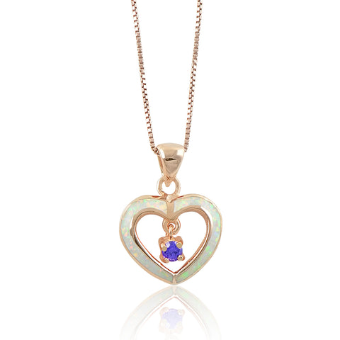 Rose Gold Tone Silver Created Pink Opal Heart Necklace