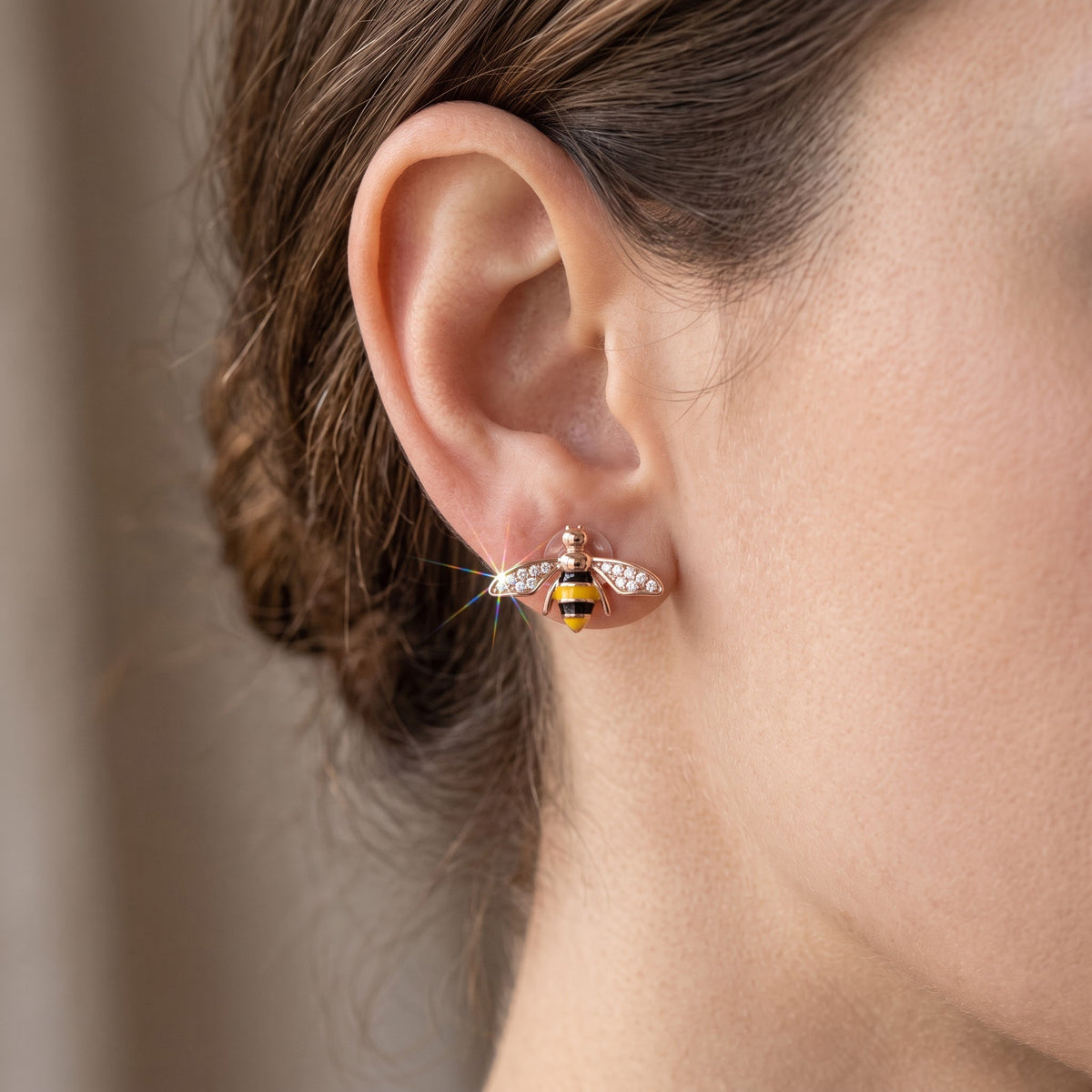 14K Gold 925 Sterling Silver Yellow and Black Enamel Bee Earrings - Gift for Her worn, lifestyle photo