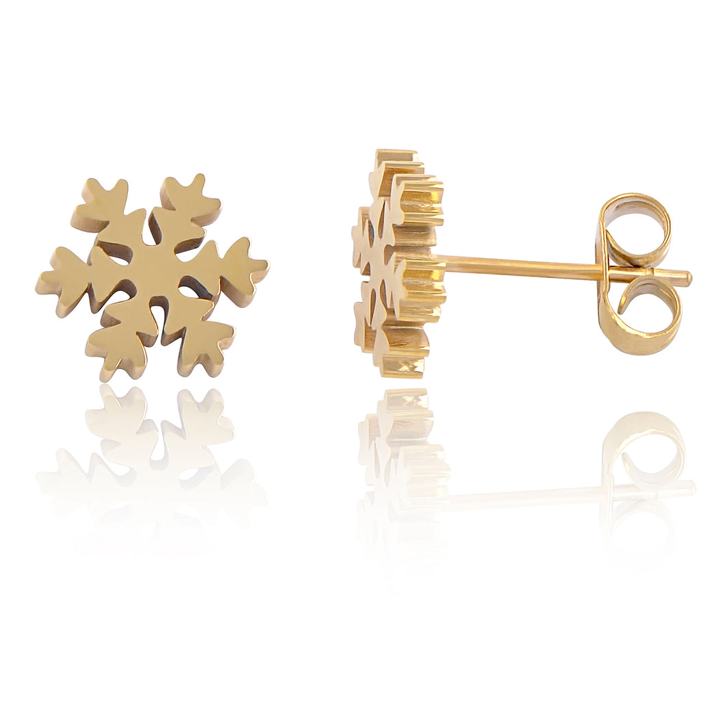 Stainless Steel Womens Yellow Gold Tone Winter Snowflake Push Back Stud Earrings