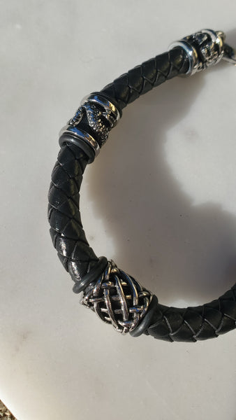 Stainless Steel Braided Black Leather Dragon Bracelet - 8 Inches