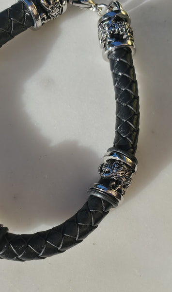 Stainless Steel Braided Black Leather Dragon Bracelet - 8 Inches