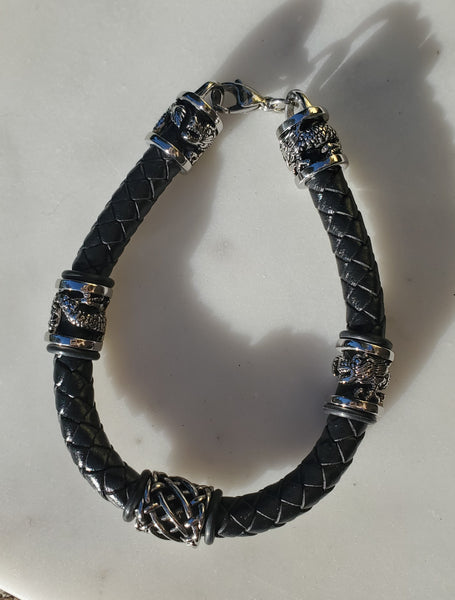 Stainless Steel Braided Black Leather Dragon Bracelet - 8 Inches