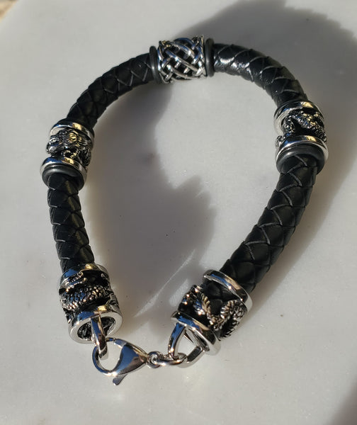 Stainless Steel Braided Black Leather Dragon Bracelet - 8 Inches