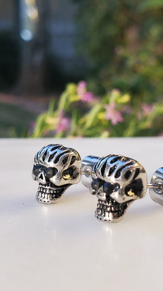 Stainless Steel Black Cz Girls Biker Skull Stud Earrings