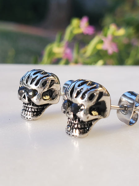 Stainless Steel Black Cz Girls Biker Skull Stud Earrings