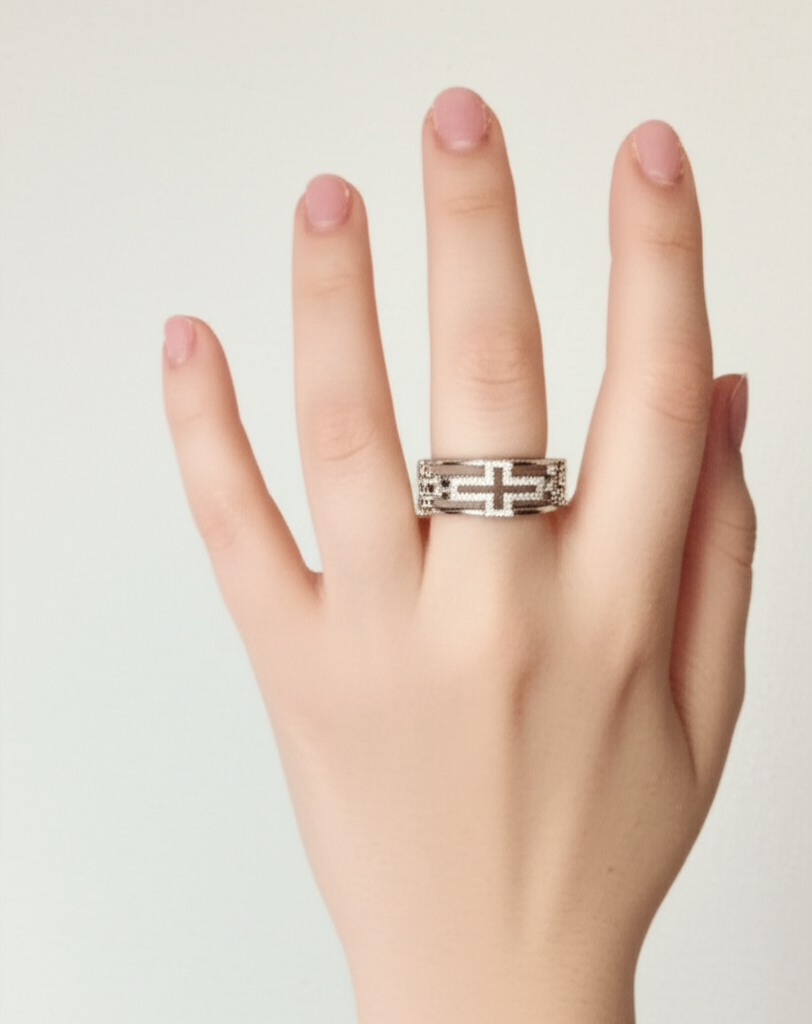 Ladies White Gold Over Sterling Silver Cz Chunky Sideways Cross Eternity Ring