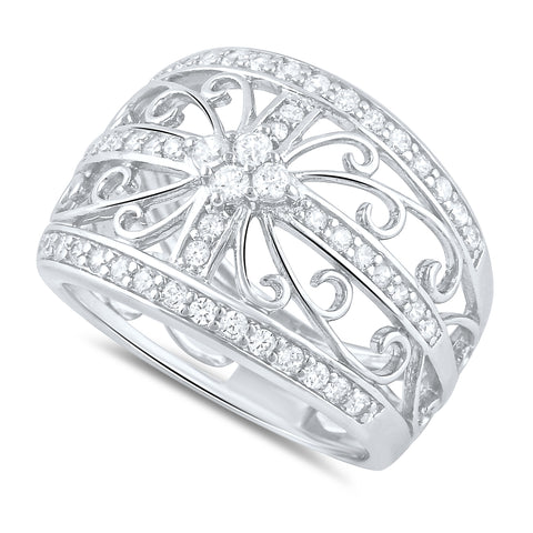 Sterling Silver Filigree Flower Cz Ring (Size 4-11)