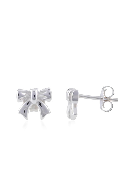 Sterling silver bow stud earrings, front and side view